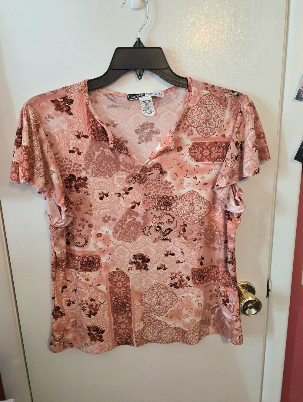 California Concepts XL Pink Floral Paisley Flutter Sleeve Blouse Made USA